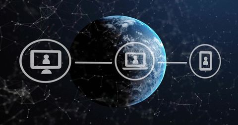 Connecting desktop, laptop and mobile across Earth with network icons and digital mesh