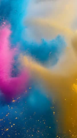 Vertical video of tricolor pigment plumes colliding and blending in vibrant fluid motion