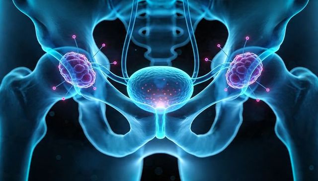 Luminescent female pelvis revealing bladder and urethra with highlighted ovarian masses