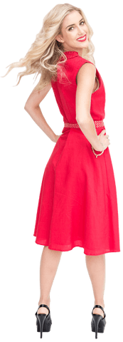 Happy caucasian woman in red dress on transparent background