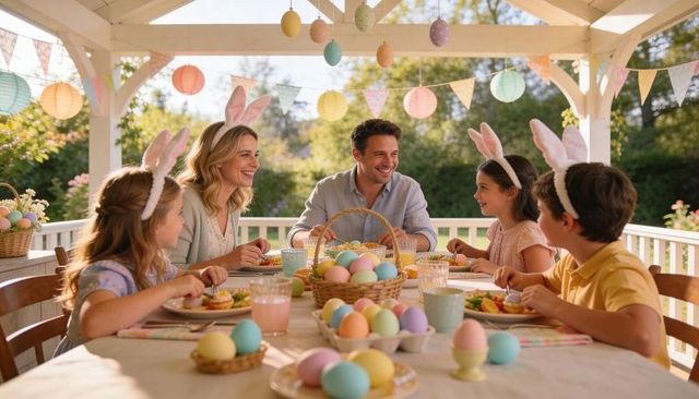 Family wearing bunny ears enjoying pastel easter brunch on sunny porch with egg baskets