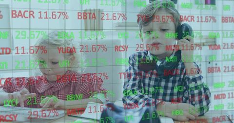 Children in office playing with devices amid stock market data