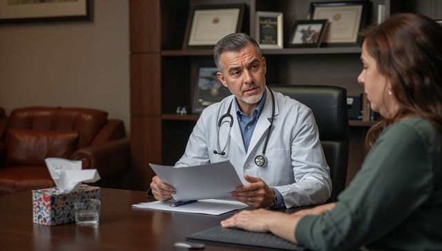 Physician reviewing medical records with patient during private consultation at desk