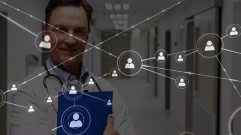 Doctor Connected with Network Overlay of Digital Icons