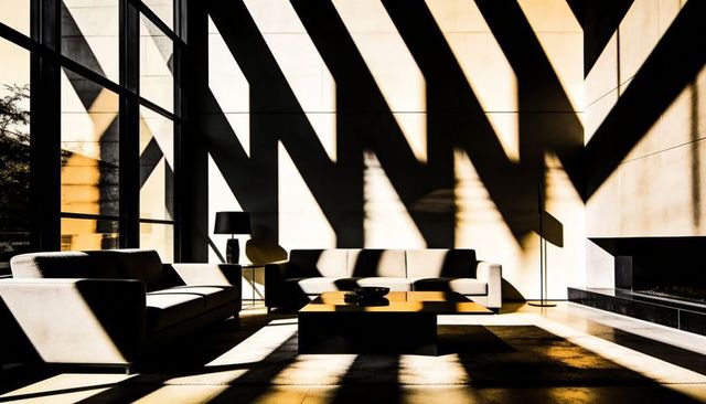 Sunlit minimalist living room casting dramatic geometric shadows across modern sofas