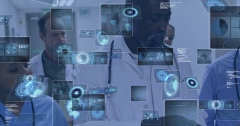 Diverse Medical Team Reviewing Futuristic Holographic Data in Corridor