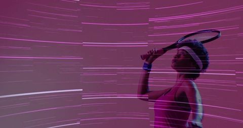 Energetic Female Tennis Player with Racket in Futuristic Setting