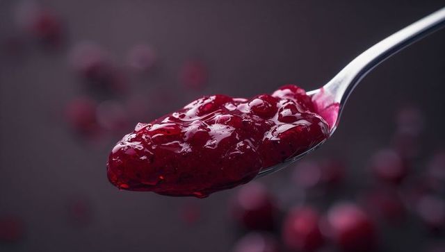 Glossy red berry jam on silver spoon in culinary focus