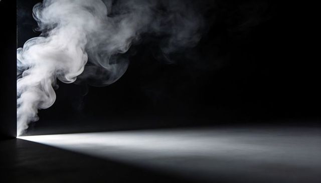 Billowing Smoke Curling Through Thin Door Slit with Triangular Light Beam on Dark Floor