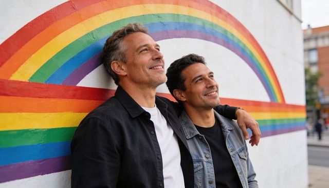 Smiling middle-aged men leaning against rainbow mural embracing on urban street for pride
