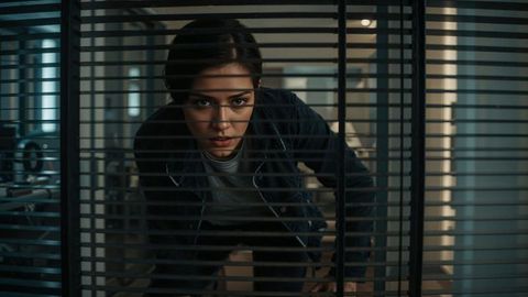 Mysterious female burglar peering through office blinds