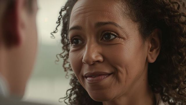 Smiling middle-aged woman leaning toward partner in warm natural light close-up portrait