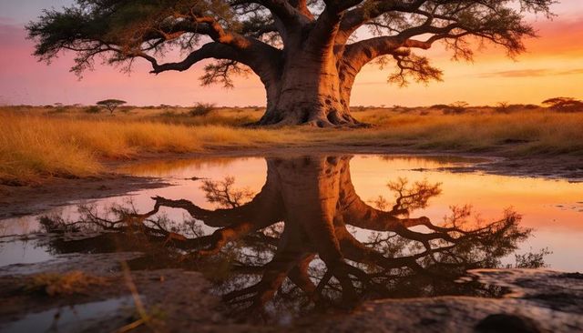 Ancient baobab tree reflecting in water at sunset over golden african savanna