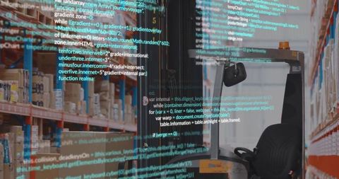 Smart warehouse forklift cab with code overlay visualizing automation and inventory systems
