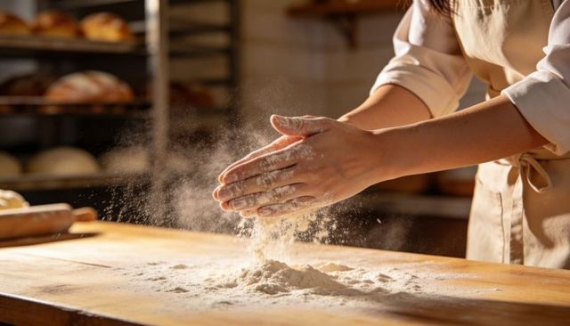 Hands dusting flour on wooden counter in sunlit artisan bakery with rustic bread racks