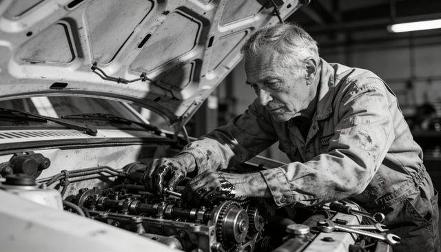 Older mechanic repairing timing gears in engine bay, oil-stained coveralls, wrench on fender