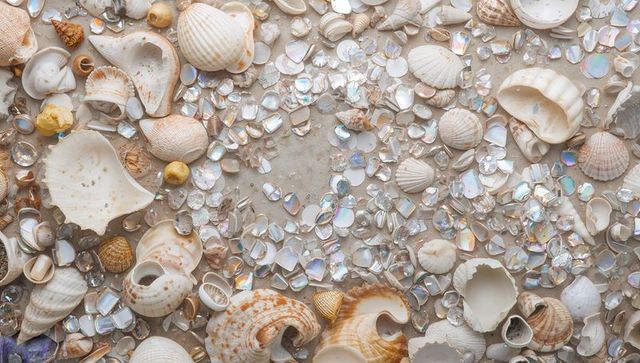 Iridescent mother-of-pearl chips scattering among natural seashells on sandy gray surface