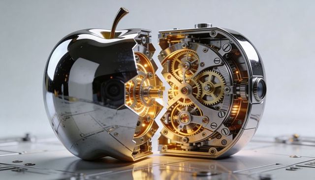 Chrome apple splitting, revealing golden clockwork gears and winding crown on riveted metal