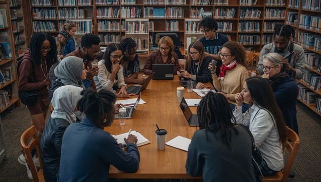 Multicultural students collaborating at long library table with laptops notebooks coffee