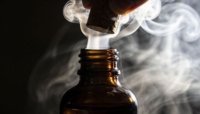 Amber glass bottle releasing curling vapor with cork lifted by fingertips in dramatic lighting