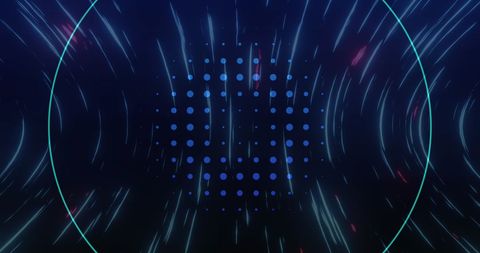 Radiant blue dots and circles on vibrant light trails background