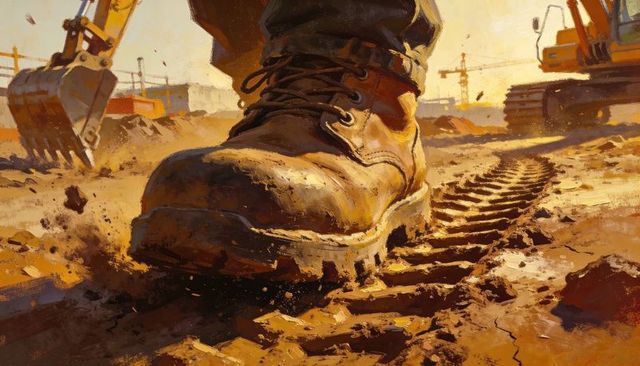 Work boot pressing into mud leaving deep track imprint on active construction site