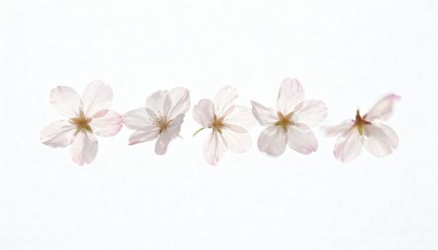 Delicate pale pink sakura blossoms lined horizontally on white high-key minimalist backdrop