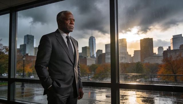 Executive standing by rain-soaked office window overlooking city skyline at sunset