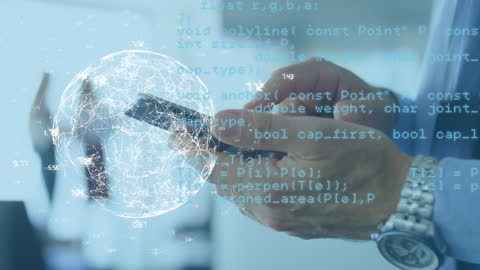 Businessman Interacting with Digital Interface and Global Network Display