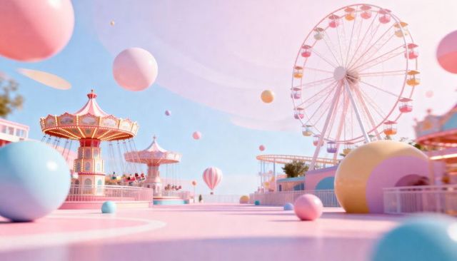 Pastel dream carnival featuring ferris wheel, lit carousel and floating spheres