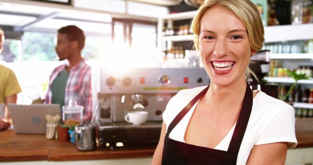 Cheerful Barista Enjoying Work at Coffee Shop Counter - Download Free Stock Images Pikwizard.com