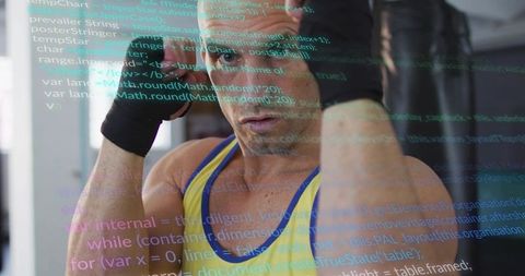 Tightening wrist wraps in gym with code overlay blending fitness and technology