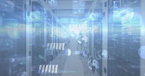 Blue-lit server racks showing holographic data overlays and led status lights in aisle