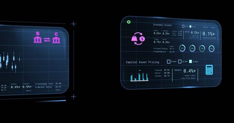 Futuristic digital banking interface with financial data visualization
