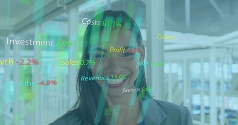 Smiling Businesswoman with Digital Financial Data Overlay in Modern Office