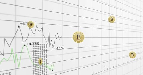 Displaying bitcoin trends on minimalist white grid dashboard with floating gold coins