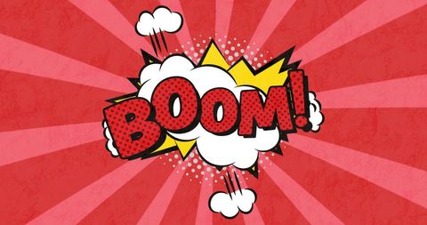 Vintage Comic Style Boom Pop Art on Red Striped Background