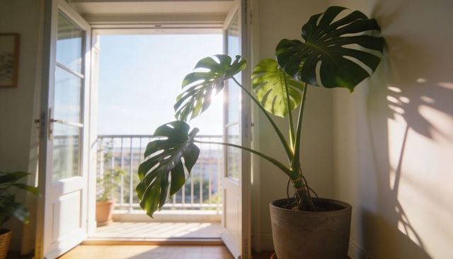 Monstera plant basking in sunlight through open french doors casting leaf shadows