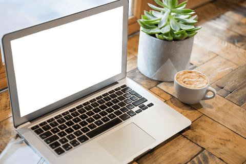 Transparent Laptop Screen in Cafe Workspace with Coffee and Succulent Plant - Download Free Stock Videos Pikwizard.com