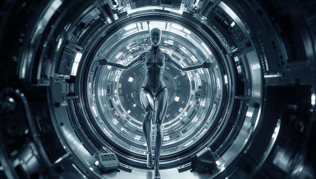 Humanoid android standing in concentric docking chamber of futuristic spacecraft laboratory
