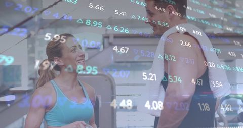 Digital Interface Overlays on Active Caucasian Couple Exercising Together