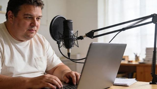 Man typing on laptop while recording podcast in home studio with condenser microphone