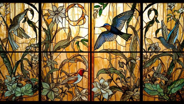 Stained glass window with vibrant songbirds in floral design