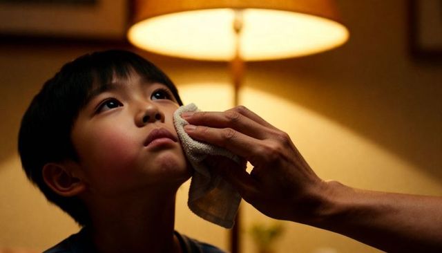 Parent wiping asian boy's cheek with soft cloth in warm lamp light, gentle care moment