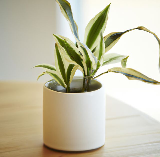 Sunlit potted plant in sleek white ceramic pot on light wooden table. Ideal for depicting modern, minimalist interior design. Versatile for articles on indoor plants, home decor trends, and serene living spaces.