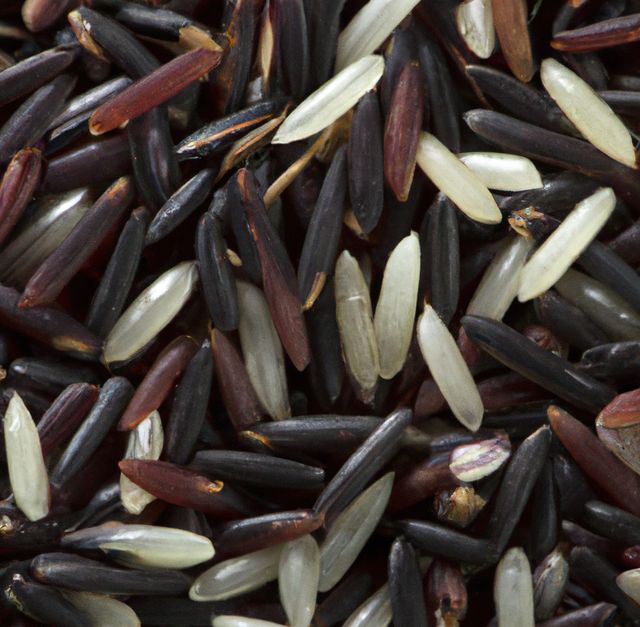 This image shows a close-up view of various colored rice grains, creating a detailed and textured background. It can be used for culinary websites, blogs about healthy eating, or vegetarian and vegan food promotions. It's also suitable for decorative purposes in food-related media and packaging designs.