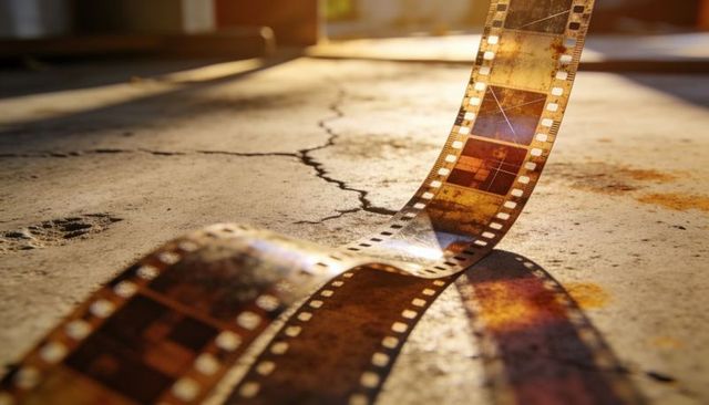Curling 35mm film strip catching warm low-angle sunlight on cracked concrete floor