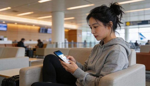 Young woman waiting at airport gate checking flight on smartphone with carry-on luggage