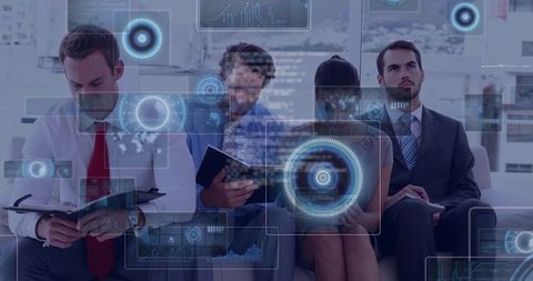 Business Team Analyzing Data Insights Horizontally Among High-Tech Overlays