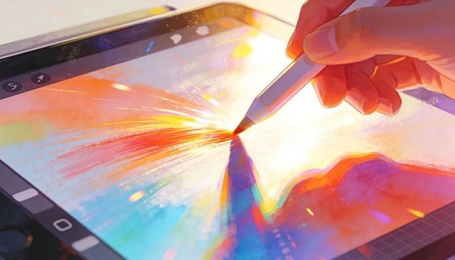 Artist drawing vibrant radiant brush stroke with stylus on tablet, digital painting